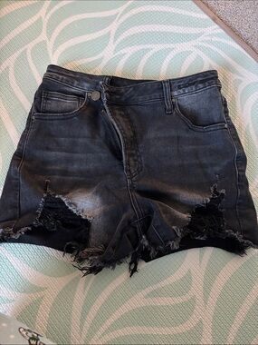 High-Rise Distressed Black Denim Shorts